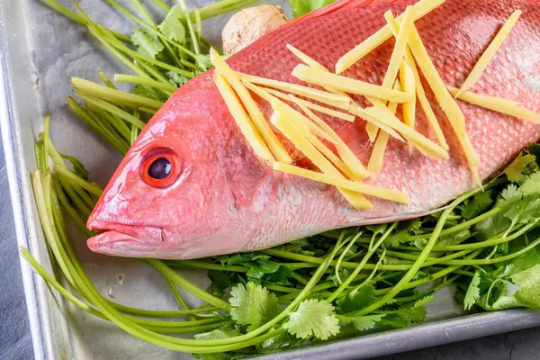 Vibrant Close Świeży Surowy Red Snapper Fish Akcentem Zesty Lemon — Zdjęcie stockowe