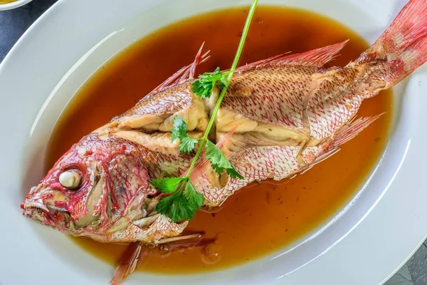 Flavors Sea Top Close Whole Red Snapper Fish Cooked Ginger — Stock Photo, Image