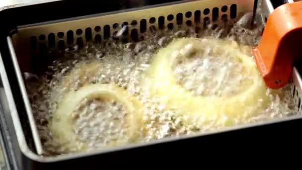 Çıtır Yaratıklar Derin Fryer Yapımı Soğan Halkalarının Videosu — Stok video