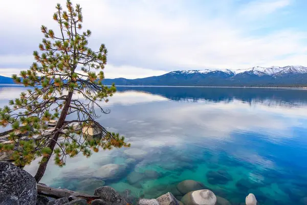 Tranquil Tahoe Beauty: Tahoe Gölü 'nün 4K Görünümü Taş ve Gökyüzü ile Lakeshore' dan