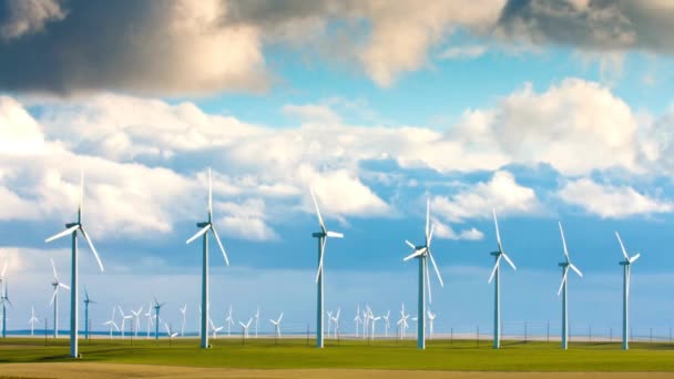 ウィートフィールドの風力タービン 劇的な曇り空の4Kビデオ — ストック動画