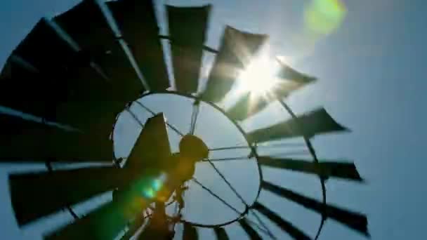 Sunlit Windmill Action Video Spinning Blades — Stock Video