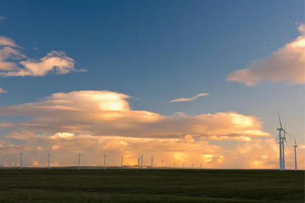 Windkraftanlagen Auf Dem Weizenfeld Bild Mit Dramatisch Bewölktem Himmel — Stockfoto