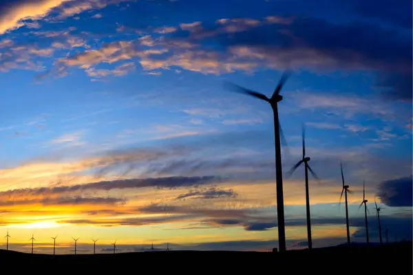 Windkraftanlagen Auf Dem Weizenfeld Bei Sonnenuntergang Mit Farbenfrohem Himmel Bild — Stockfoto