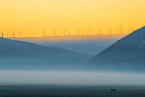 Mountain Wind Turbines Dawn Spectacular Yellow Sunset — Stock Photo, Image