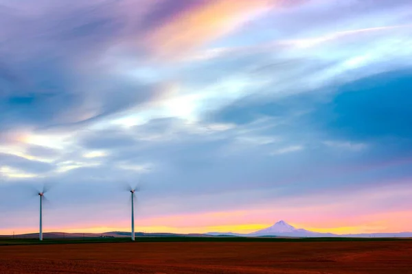 夕阳西下麦田风力涡轮机的彩色天空4K图像 — 图库照片