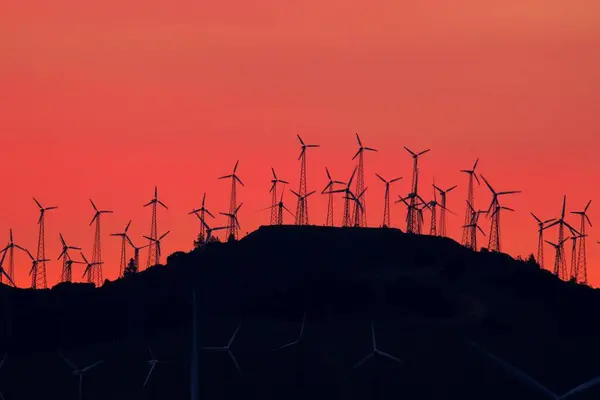 Mountain Wind Turbines Dawn Majestic Red Sunset Landscape — Stock Photo, Image