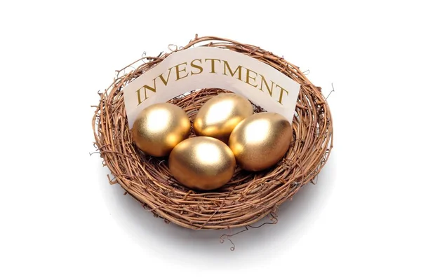 Close Van Gouden Eieren Houten Nest Met Investering Aanmelden Witte — Stockfoto