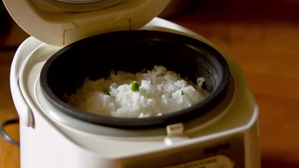 Elektrikli Pirinç Fırınında Yeşil Bezelyeli Beyaz Pirinç Pişirmek — Stok video