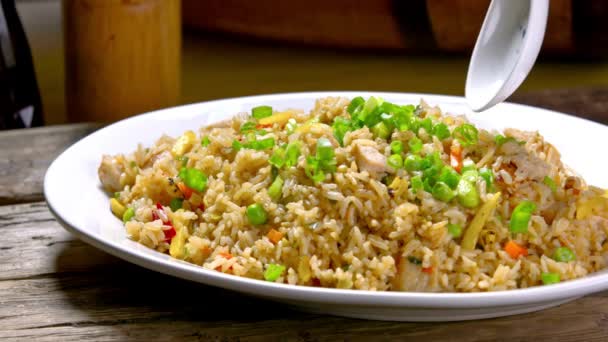 Delicious Close Fried Rice Chicken Plate — Stock Video