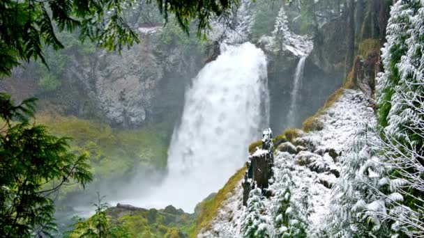 Ice Spring Merge Enchanting Waterfall Snowy Mountain Wonderland — Stock Video
