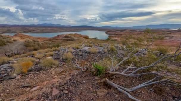 Mesmerizante Time Lapse Crane Shot Sunrise Desert Lake — Vídeo de Stock