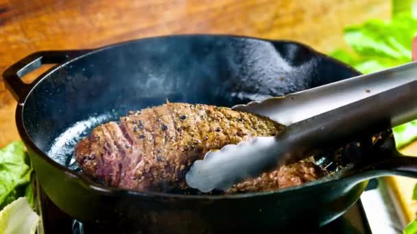 Vídeo Sizzling Primer Plano Cocción Del Filete Carne Perfección Una — Vídeo de stock