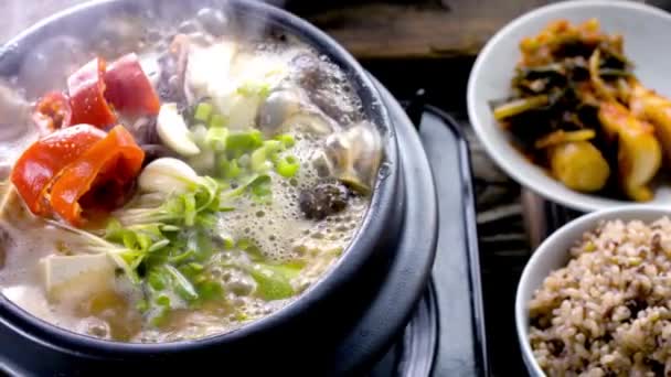 Video Sojabohnenpaste Hot Pot Mit Frischem Gemüse Und Meeresfrüchten — Stockvideo
