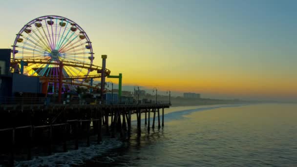 Video Santa Monica Beach Sunrise Pier Roller Coaster Dawn — Stock Video
