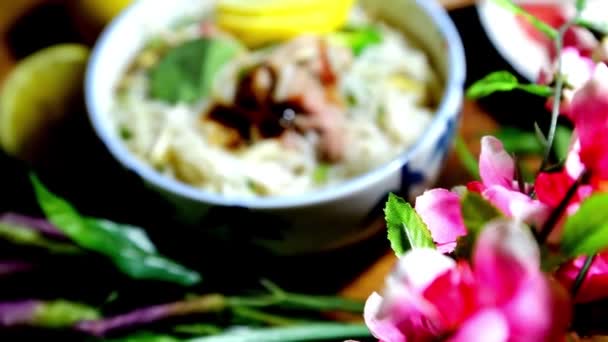 Dolly Shot Savoring Authentic Pho Vietnamese Noodle Soup — Stock Video