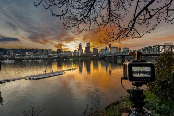 4K Image: Stunning Sunset in Portland, Oregon USA with Cinema Camera on Tripod, Scenic Beauty by the Willamette River