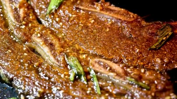 Time Lapse Cooking Marinated Kalbi Soy Sauce Garlic Ultra Grilling — Stock Video