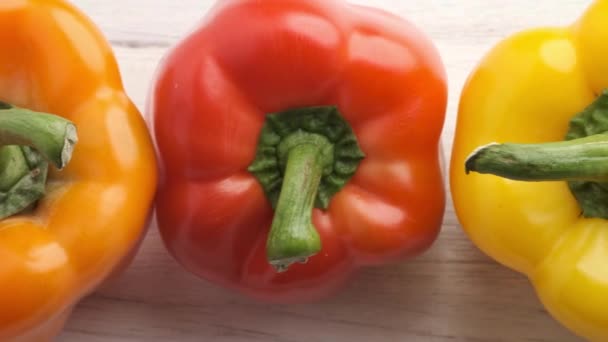 Πολύχρωμο Bounty Φρέσκο Πράσινο Κόκκινο Πορτοκαλί Και Κίτρινο Bell Peppers — Αρχείο Βίντεο