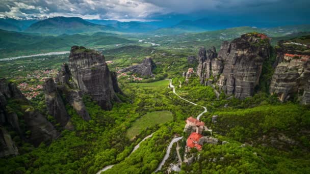 Meteora Majesty Zeitraffer Dramatischer Landschaft Der Griechischen Region Thessalien Full — Stockvideo