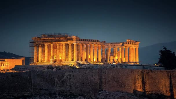 Dusk Till Dawn Time Lapse Pantheon Acropolis Illuminated Athens Greece — Stock video