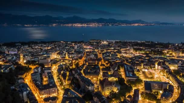 Delícias Crepúsculo Hiperlapso Aéreo Cidade Lausanne Com Lago Genebra Vídeo — Vídeo de Stock