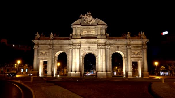 Iconische Madrid Video Van Puerta Alcala Monument Levendige Stad — Stockvideo