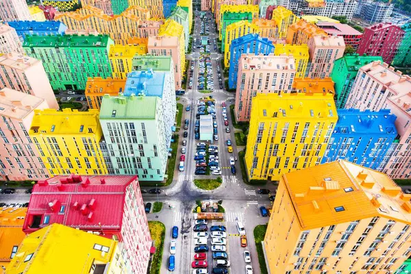 stock image Colored Rainbow Houses in 4K Aerial View
