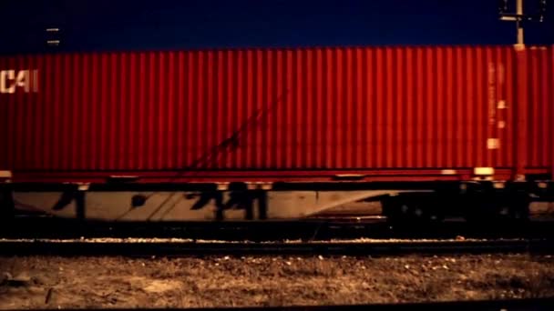 Nocturnal Journey Closeup Cargo Train Passing Train Station Night Illuminated — Αρχείο Βίντεο
