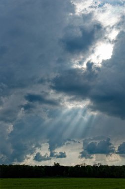 Gökyüzü gri bulutlar ve güneş ışınlarıyla ufukta orman, Güney Almanya