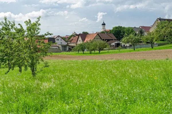 Arka planda meyve bahçeleri olan kırsal bir arazi. Güney Almanya 'da Oellingen adında kilise kulesi olan bir köy.
