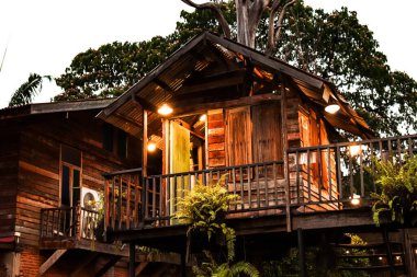 Resimli mimaride ağaçların arasına yerleşmiş kırsal bir kulübe..