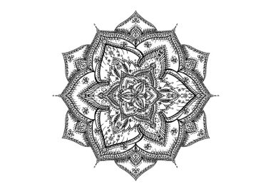 Mandala dairesel desenli yaprak yaprağı çiçek yaprağı çizimi. Etnik tarz için nilüfer çiçeği, Henna, Mehndi, dövme ve dekorasyon. Sanat basit grafik tasarımı. Çiçeksel oryantal çizim çizimi..