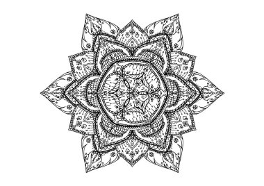 Mandala dairesel desenli yaprak yaprağı çiçek yaprağı çizimi. Etnik tarz için nilüfer çiçeği, Henna, Mehndi, dövme ve dekorasyon. Sanat basit grafik tasarımı. Çiçeksel oryantal çizim çizimi..