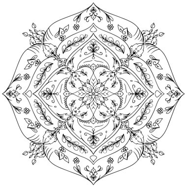 Mandala dairesel desenli yaprak yaprağı çiçek yaprağı çizimi. Etnik tarz için nilüfer çiçeği, Henna, Mehndi, dövme ve dekorasyon. Sanat basit grafik tasarımı. Çiçeksel oryantal çizim çizimi..