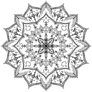 Mandala dairesel desenli yaprak yaprağı çiçek yaprağı çizimi. Etnik tarz için nilüfer çiçeği, Henna, Mehndi, dövme ve dekorasyon. Sanat basit grafik tasarımı. Çiçeksel oryantal çizim çizimi..