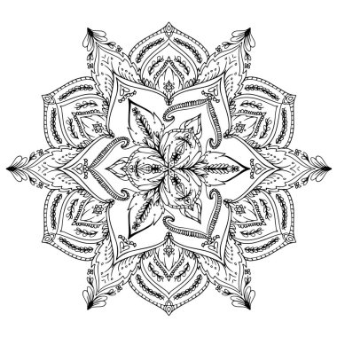 Mandala dairesel desenli yaprak yaprağı çiçek yaprağı çizimi. Etnik tarz için nilüfer çiçeği, Henna, Mehndi, dövme ve dekorasyon. Sanat basit grafik tasarımı. Çiçeksel oryantal çizim çizimi..