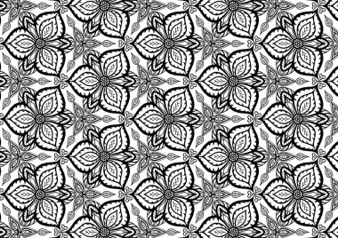 Desen Çiçek ve Geometrik elementler. Kusursuz Çiçeksiz Etnik Şablon. Arap Kızılderili Motifleri Soyut Çiçek Süsleme Çizgisi. Vektör Duvar Kağıdı Kumaş Kağıt Siyah ve Beyaz Grafik Tasarımı