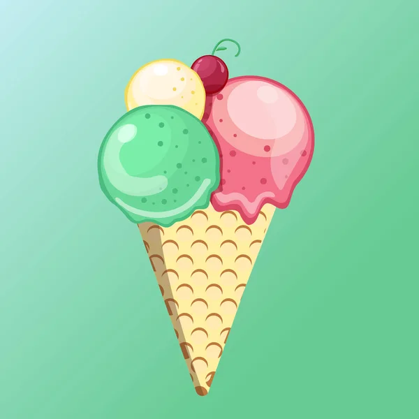 ベクトルイラストおいしいカラフルなアイスクリームワッフルコン アイスクリーム緑茶ストロベリーパイナップルスクープ 緑の背景に ポスター Tシャツのアイデア ベクトルアイコンアイスクリームコーン — ストックベクタ