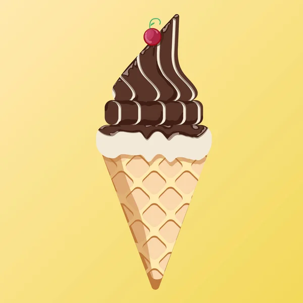 Ilustração Vetorial Delicioso Colorido Gelado Waffle Con Icecream Colheres Chocolate — Vetor de Stock