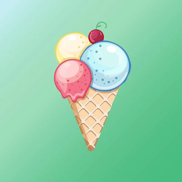 病媒图解美味的彩色冰淇淋华夫饼 冰醋栗草莓菠萝蓝莓勺 绿色背景 T恤的创意 矢量图标冰淇淋锥形 — 图库矢量图片