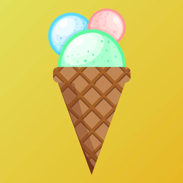 病媒图解美味的彩色冰淇淋华夫饼 冰醋栗柠檬蓝莓草莓勺华夫饼筒 在黄色背景 T恤的创意 矢量图标冰淇淋锥形 — 图库矢量图片