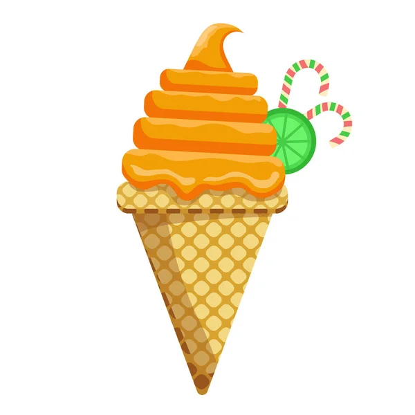 おいしいカラフルなアイスクリームワッフルコーンのベクトルイラスト アイスクリームオレンジレモンストロベリースコップワッフルコーン 白を背景に ポスター Tシャツのアイデア ベクトルアイコンアイスクリームコーン — ストックベクタ
