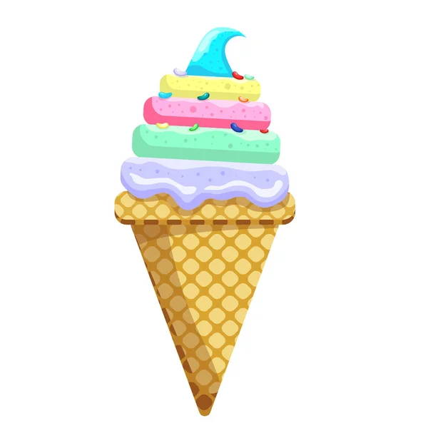 Ilustração Vetor Delicioso Cone Waffle Sorvete Colorido Icecream Arco Íris — Vetor de Stock