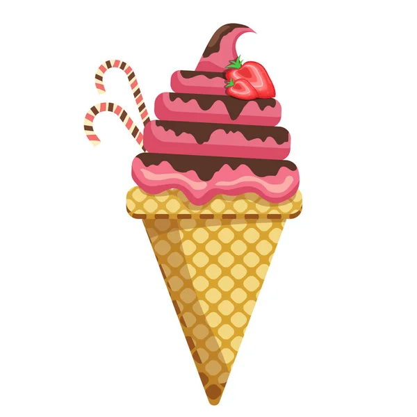 Ilustração Vetor Delicioso Cone Waffle Sorvete Colorido Icecream Morango Chocolate — Vetor de Stock