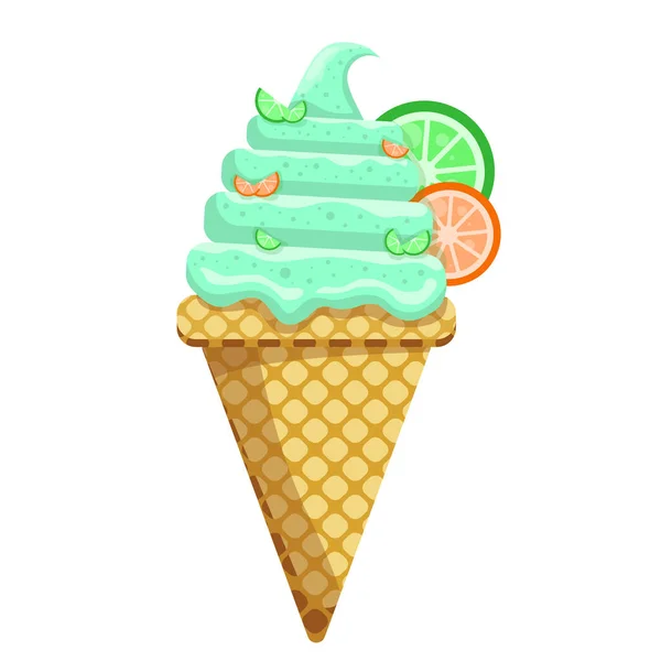 Ilustración Vectorial Delicioso Helado Colores Cono Gofre Icecream Lemom Lime — Vector de stock