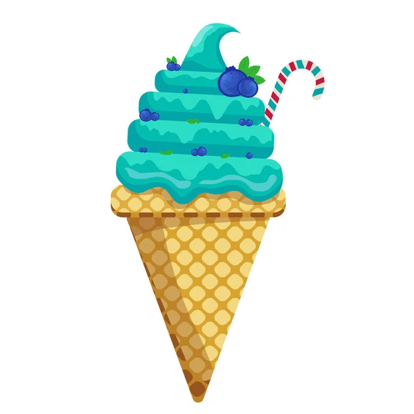 Ilustração Vetor Delicioso Cone Waffle Sorvete Colorido Icecream Blueberry Scoops — Vetor de Stock