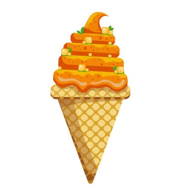 Vektör çizimi leziz renkli dondurma külahı. Icecream mango kepçesi waffle konisi. Beyaz arka planda. Poster, ürün ve tişört fikri. Vektör simgesi dondurma külahı.
