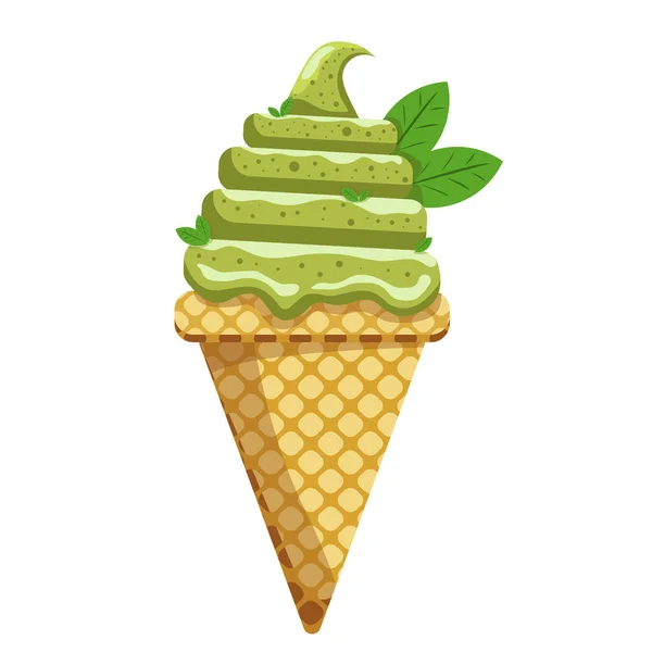 Ilustração Vetor Delicioso Cone Waffle Sorvete Colorido Icecream Greentea Colher — Vetor de Stock