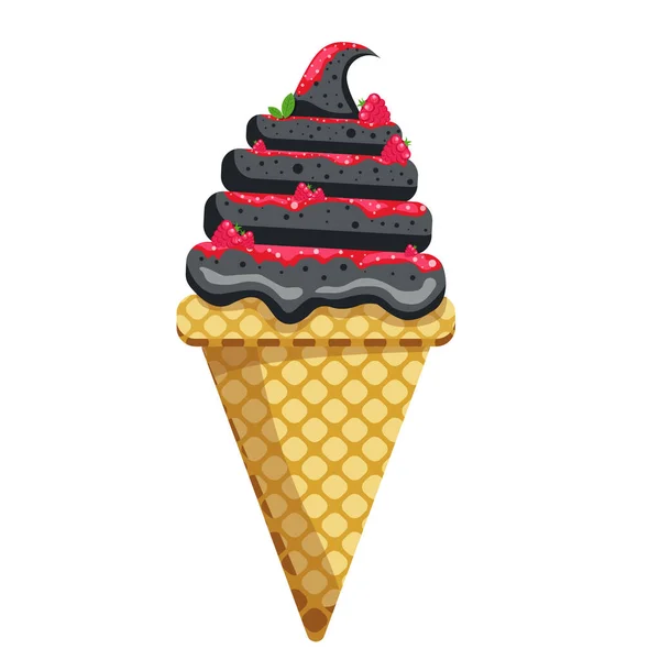 Ilustração Vetor Delicioso Cone Waffle Sorvete Colorido Icecream Preto Sésamo — Vetor de Stock